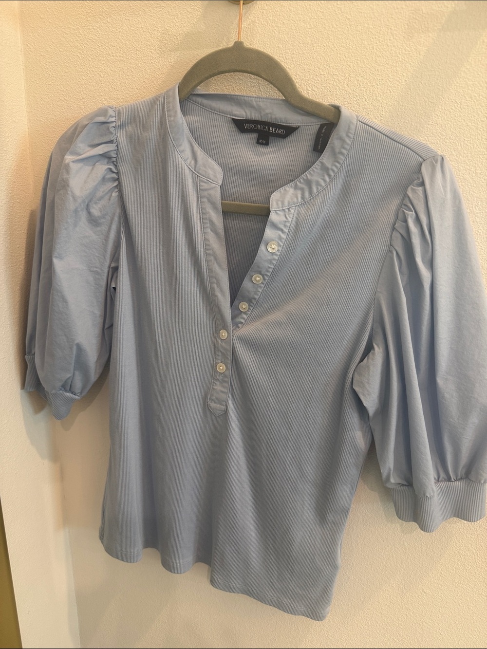 Veronica Beard Light Blue Puff-Sleeve Henley Top